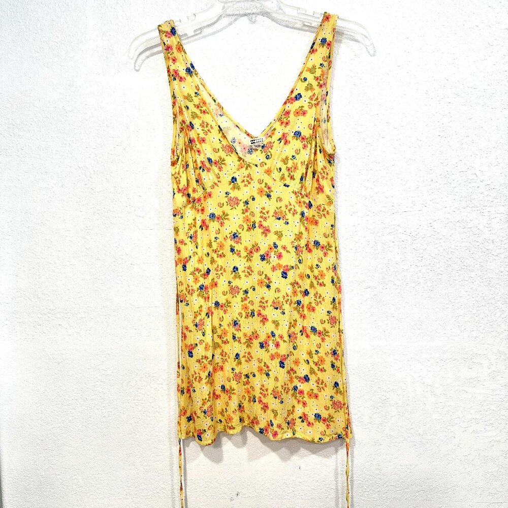 Billabong Sleeveless Mini Dress Yellow Floral V-Neck Tied Waist EUC Womens Large